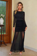 Semi-Sheer Slit Round Neck Dress - Hovatok