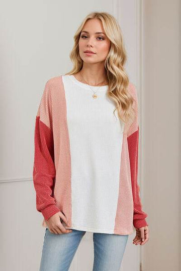 Double Take Texture Contrast Round Neck Long Sleeve T-Shirt - Hovatok