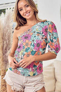 BiBi Floral Puff Sleeve One Shoulder Top - Hovatok
