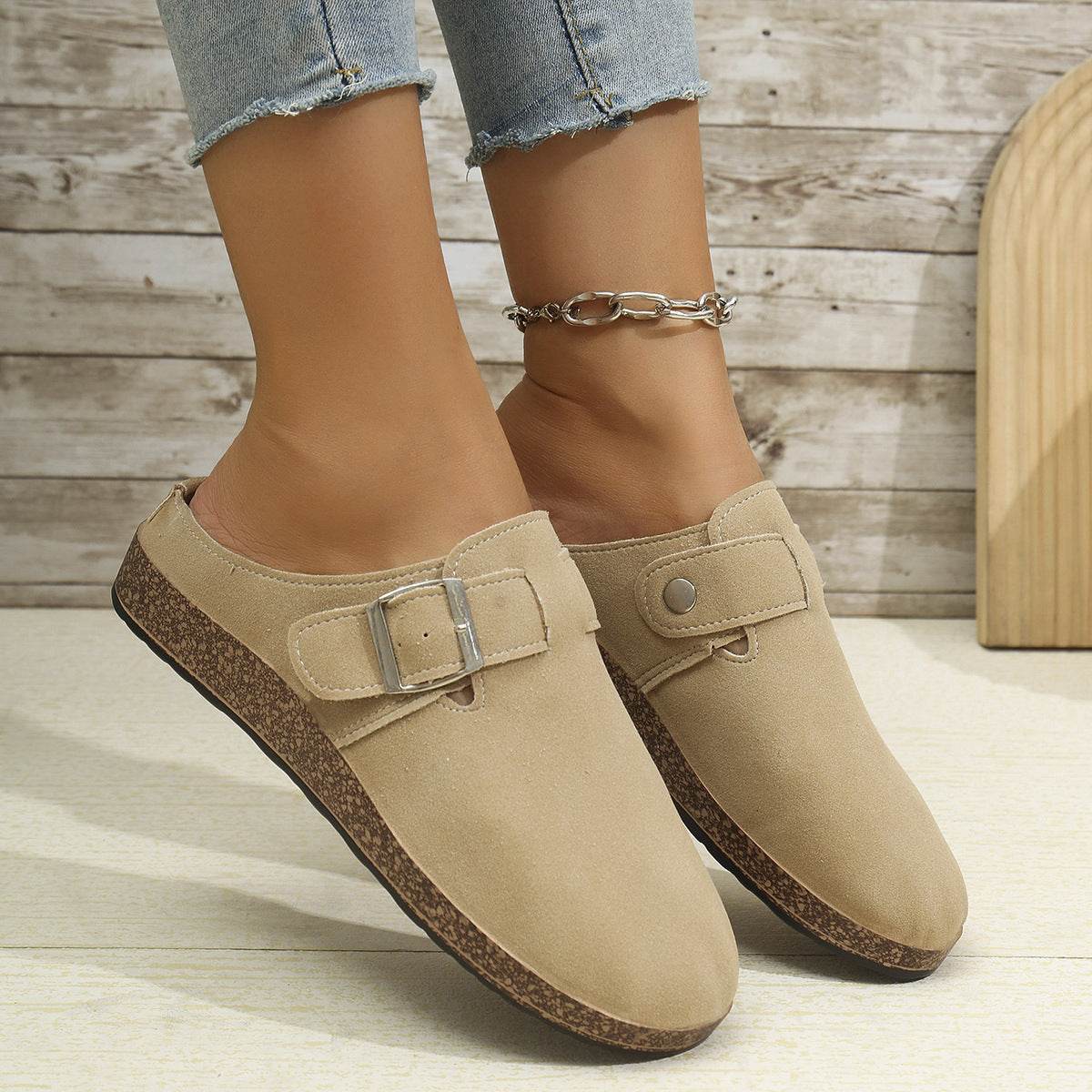 Suede Round Toe Buckle Slip-Ons - Hovatok