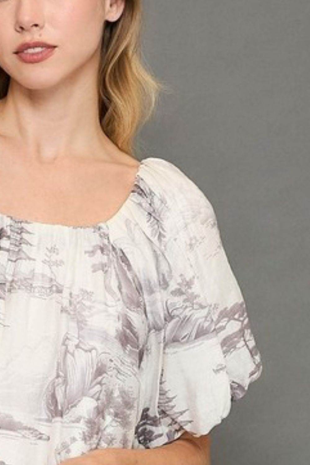 Umgee Full Size Two Tone Toile Print Top Plus Size - Hovatok