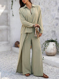 Devine Button Down Long Sleeve Top and Wide Leg Pants Set - Hovatok