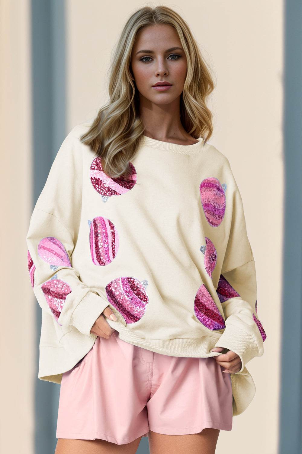 Double Take Sequin Round Neck Long Sleeve Sweatshirt - Hovatok