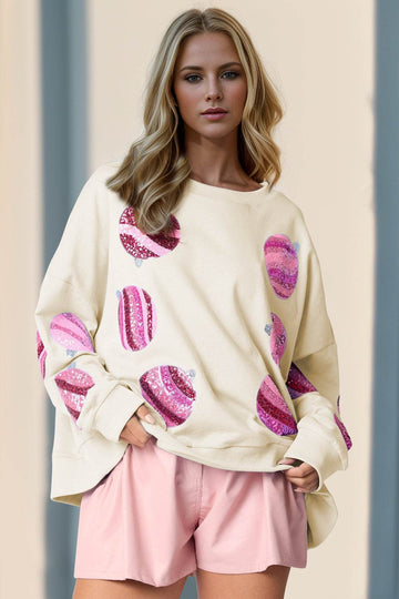 Double Take Sequin Round Neck Long Sleeve Sweatshirt - Hovatok