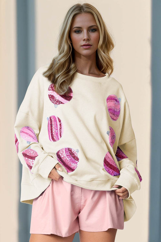 Double Take Sequin Round Neck Long Sleeve Sweatshirt - Hovatok