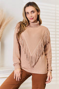 Woven Right Turtleneck Fringe Front Long Sleeve Sweater - Hovatok