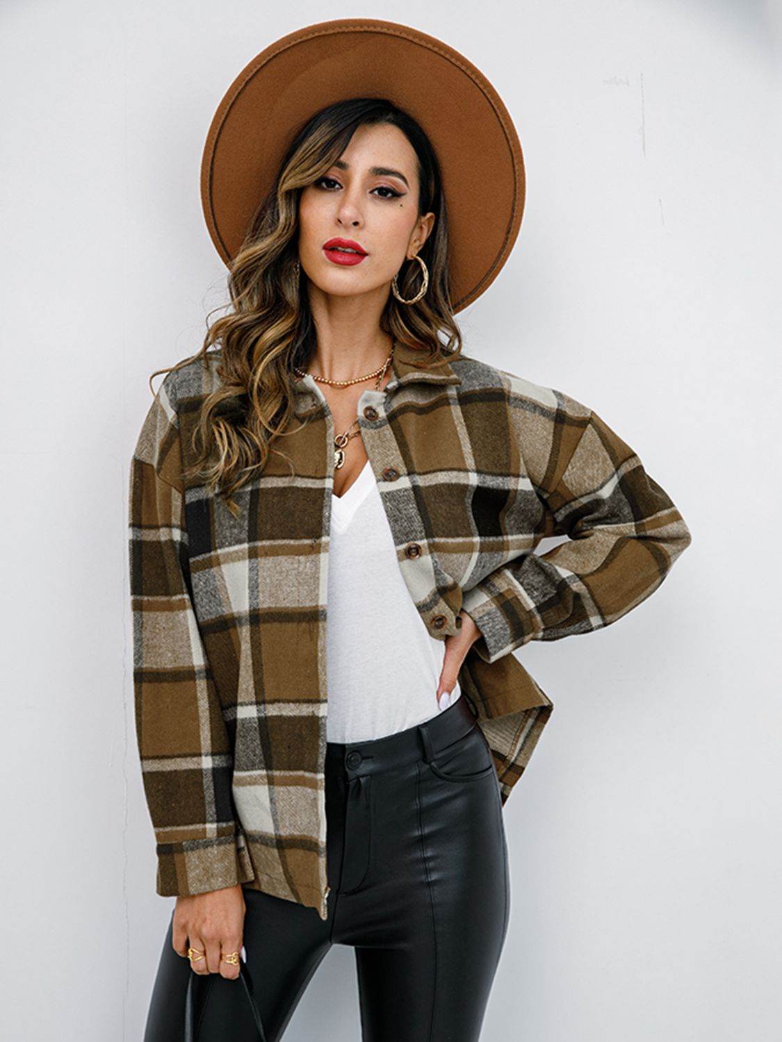 Shiny Plaid Button Up Collared Neck Jacket - Hovatok