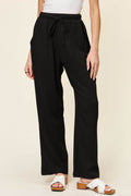 Double Take Full Size Texture Drawstring Straight Pants - Hovatok