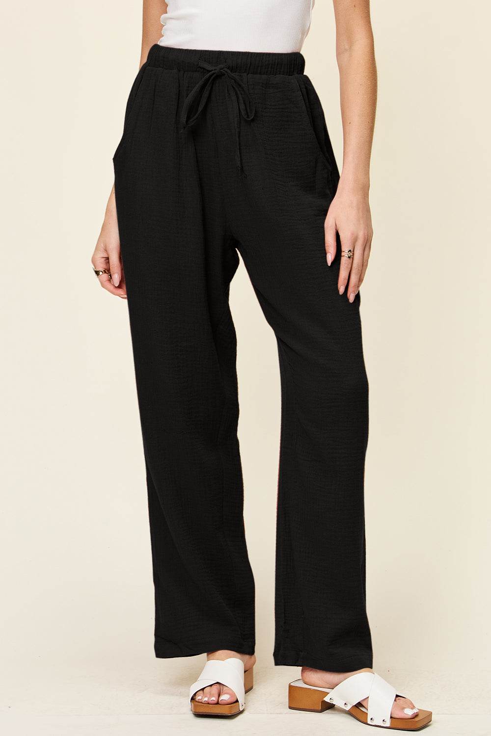 Double Take Full Size Texture Drawstring Straight Pants - Hovatok