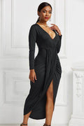 High-low Ruched Surplice Long Sleeve Dress - Hovatok
