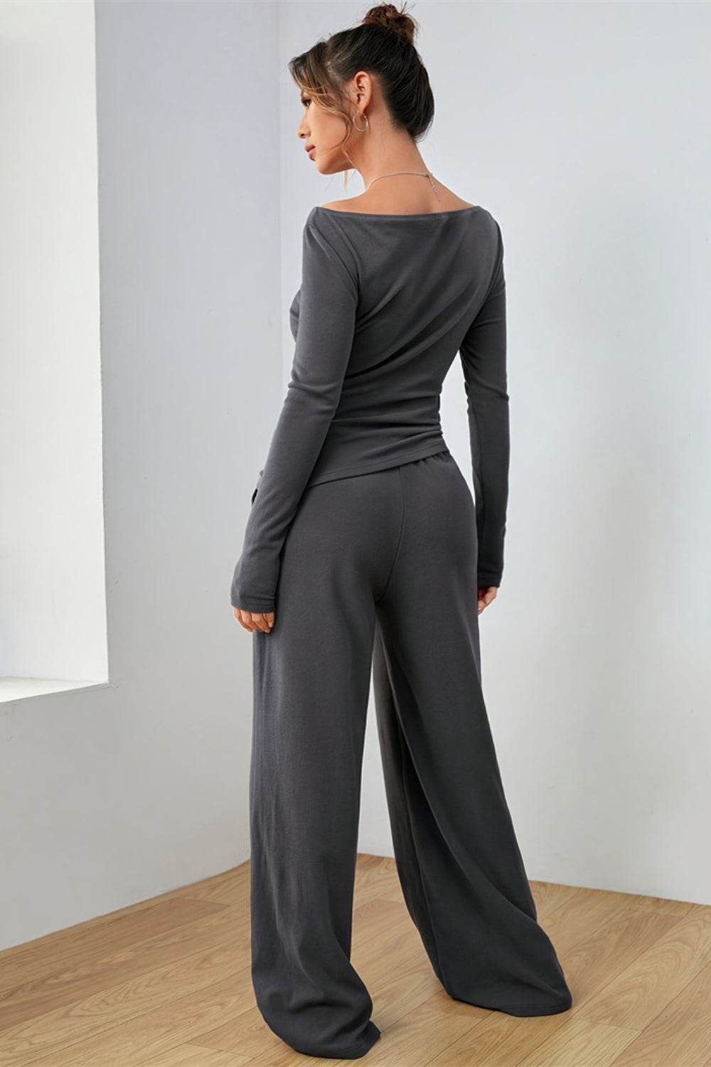 Boat Neck Long Sleeve Top and Pants Set - Hovatok