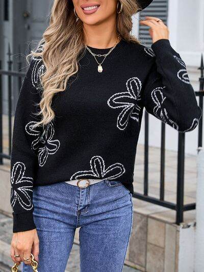Angel Wings Flower Round Neck Dropped Shoulder Sweater - Hovatok