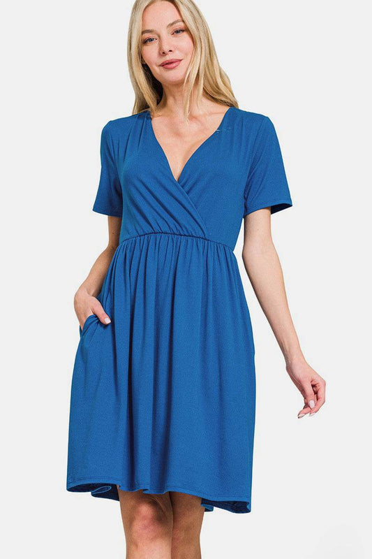 Zenana Surplice Short Sleeve Brushed DTY Dress - Hovatok