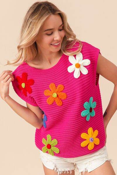 BiBi Flower Round Neck Cap Sleeve Knit Top - Hovatok