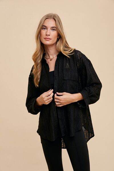 Annie Wear Openwork Button Down Drop Shoulder Shirt - Hovatok