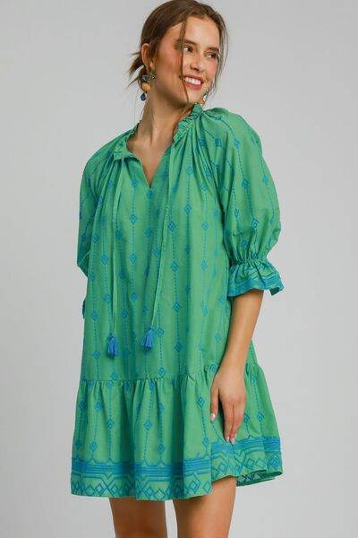 Umgee Full Size Tassel Embroidered Flounce Sleeve Mini Dress Plus Size - Hovatok