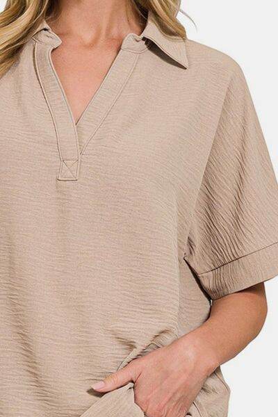 Zenana Texture Collared Neck Short Sleeve Top - Hovatok