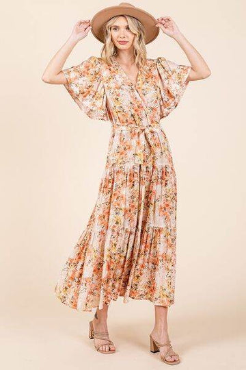 Mittoshop Floral Tie Waist Flutter Sleeve Tiered Dress - Hovatok