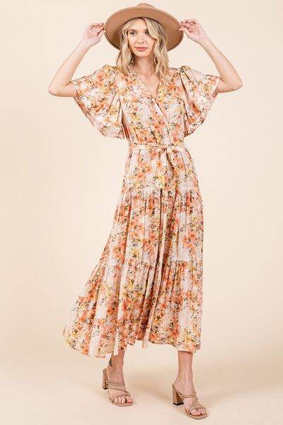 Mittoshop Floral Tie Waist Flutter Sleeve Tiered Dress - Hovatok