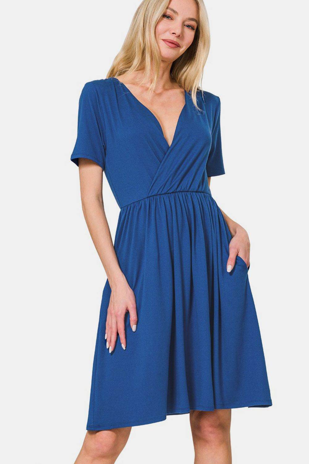 Zenana Surplice Short Sleeve Brushed DTY Dress - Hovatok