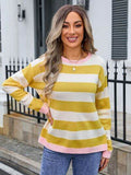 Angel Wings Striped Round Neck Dropped Shoulder Sweater - Hovatok