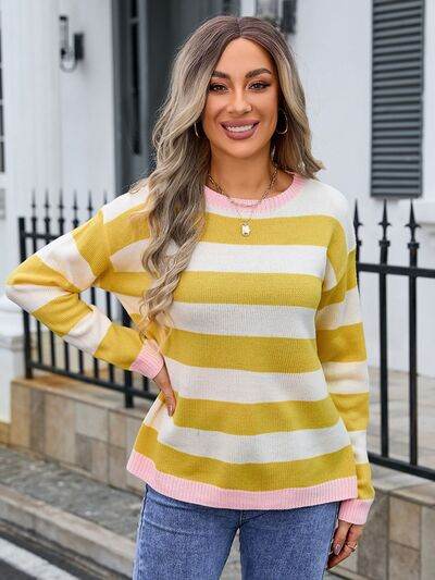Angel Wings Striped Round Neck Dropped Shoulder Sweater - Hovatok