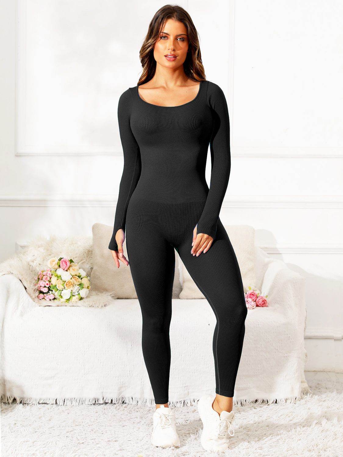 Scoop Neck Long Sleeve Active Jumpsuit - Hovatok