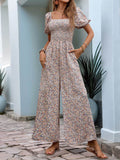 Perfee Ditsy Floral Smocked Square Neck Puff Sleeve Jumpsuit - Hovatok