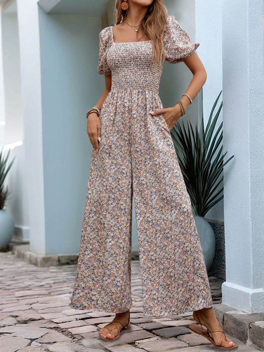 Perfee Ditsy Floral Smocked Square Neck Puff Sleeve Jumpsuit - Hovatok