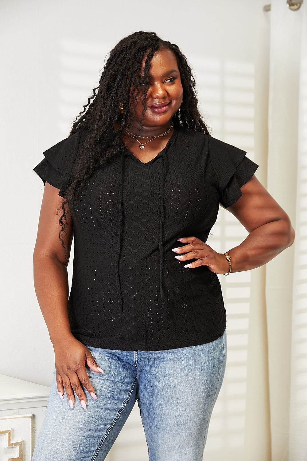 Mandy Eyelet Tie-Neck Flutter Sleeve Blouse - Hovatok