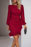 Devine Ruched Ruffled Balloon Sleeve Mini Dress - Hovatok