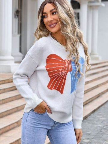 Angel Wings Bow Round Neck Dropped Shoulder Sweater - Hovatok