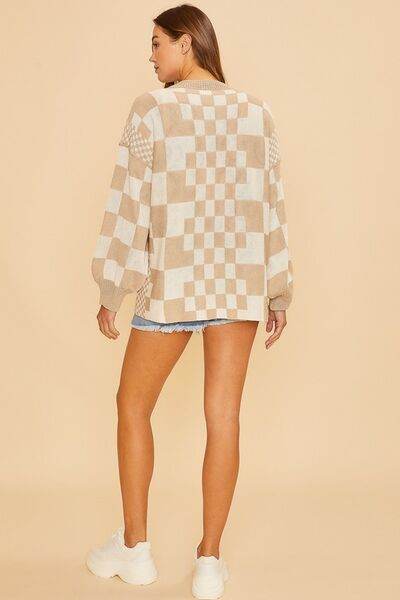 Annie Wear Checkered Open Front Drop Shoulder Cardigan - Hovatok