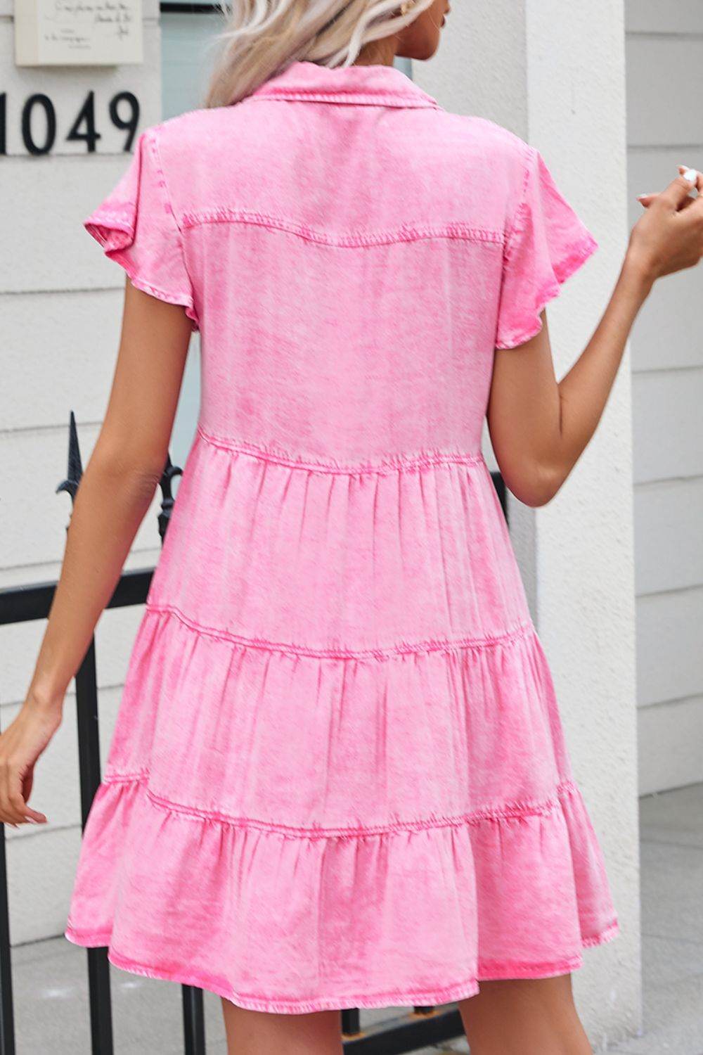 Collared Neck Button Down Mini Denim Dress - Hovatok
