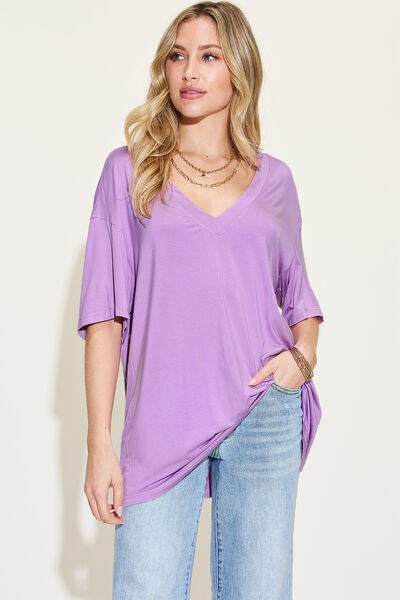 Basic Bae Full Size Bamboo V-Neck Drop Shoulder T-Shirt - Hovatok