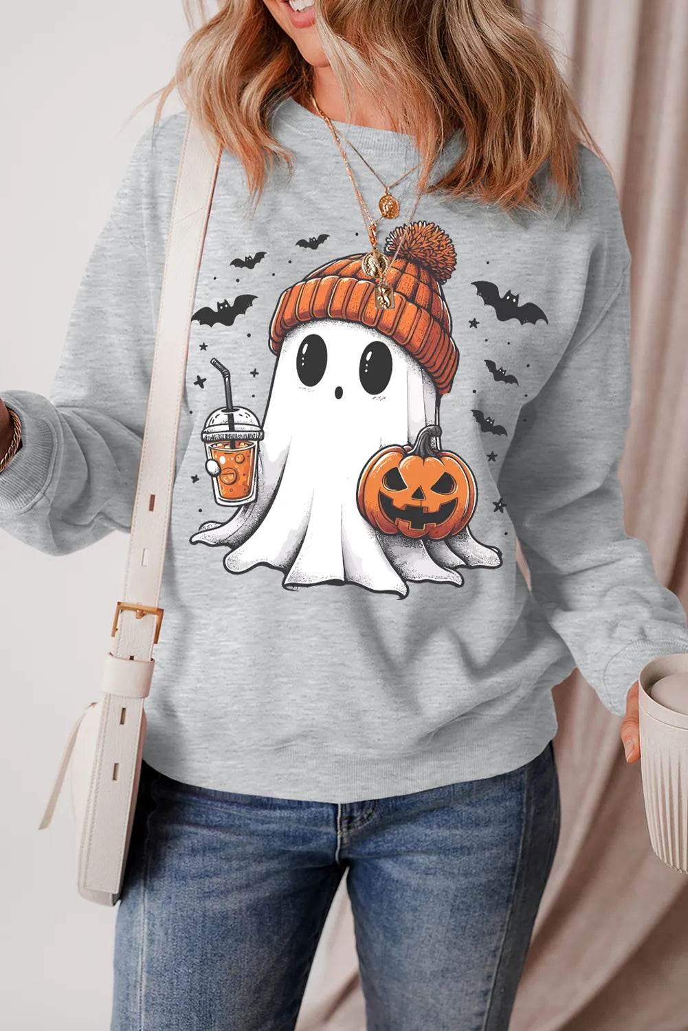 Ghost Round Neck Long Sleeve Sweatshirt - Hovatok