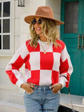 Angel Wings Checkered Round Neck Dropped Shoulder Sweater - Hovatok