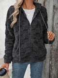 Checkered Texture Zip Up Drawstring Fuzzy Jacket - Hovatok