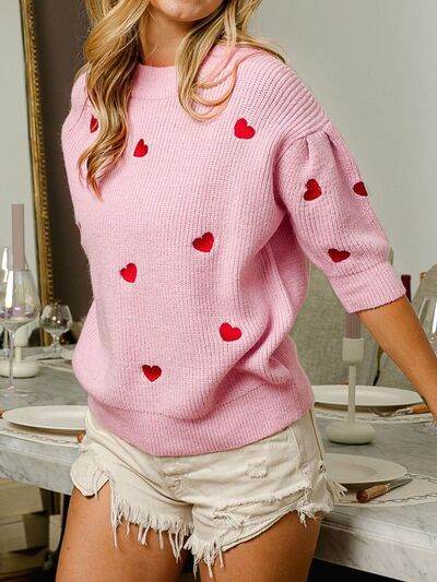 Heart Embroidered Dropped Shoulder Sweater - Hovatok