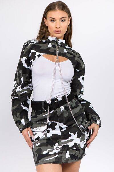 American Bazi Camouflage Cropped Jacket with Chains - Hovatok