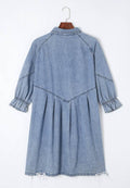 Distressed Collared Neck Flounce Sleeve Denim Dress - Hovatok