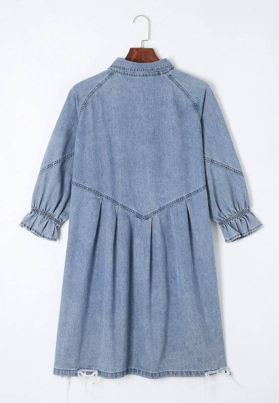 Distressed Collared Neck Flounce Sleeve Denim Dress - Hovatok