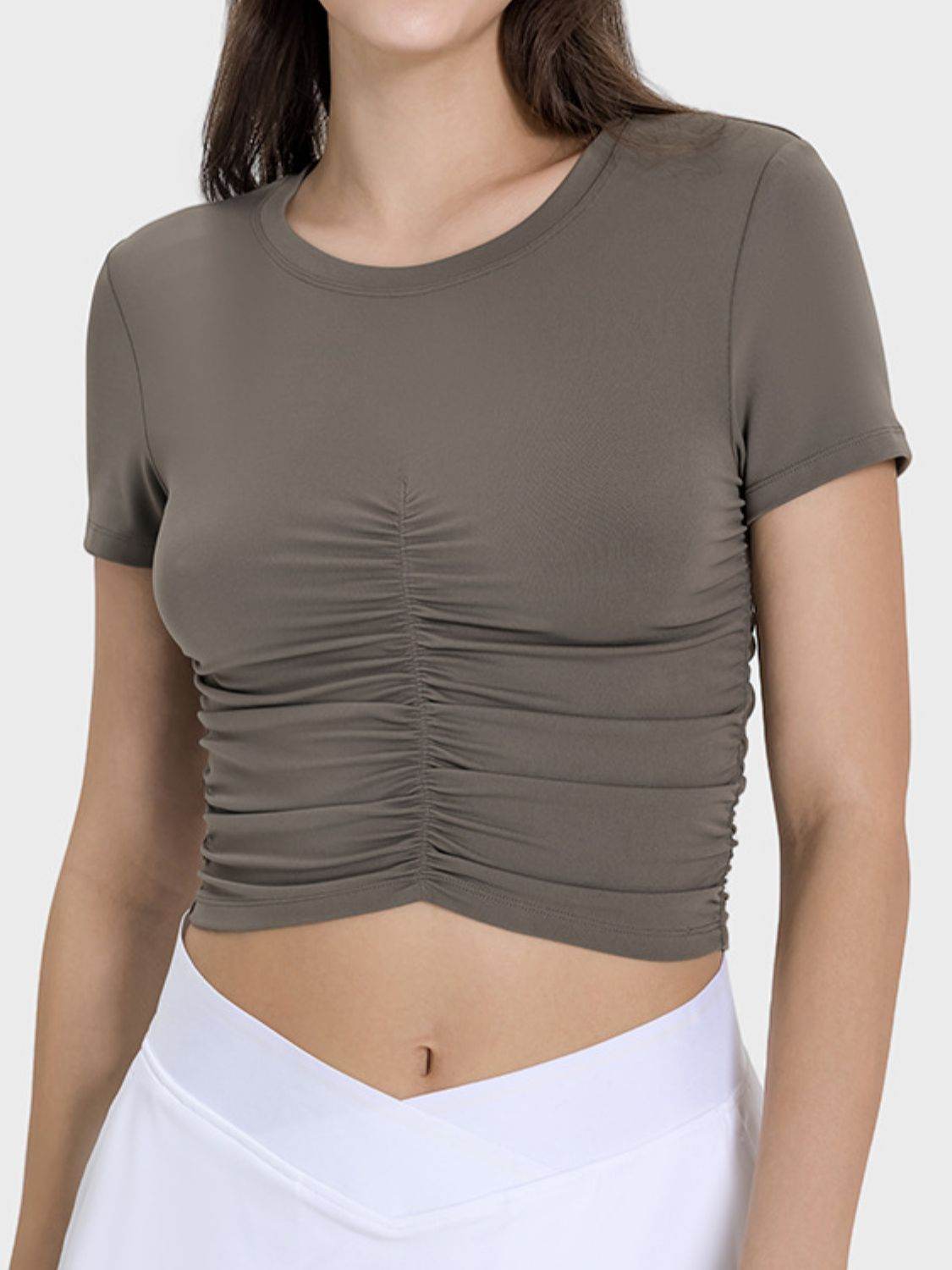 Millennia Ruched Round Neck Short Sleeve Active T-Shirt - Hovatok