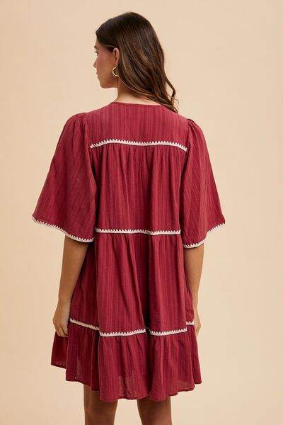 Annie Wear Tassel Contrast Trim Tie Neck Half Sleeve Tiered Dress - Hovatok