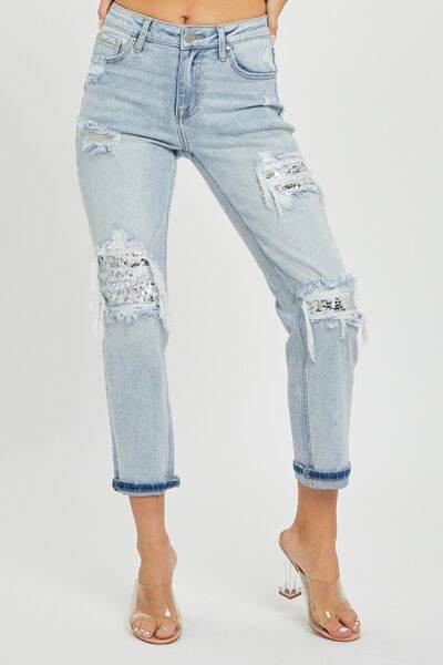 RISEN Mid-Rise Sequin Patched Jeans - Hovatok