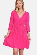 Zenana Three-Quarter Sleeve Surplice Dress with Pockets - Hovatok