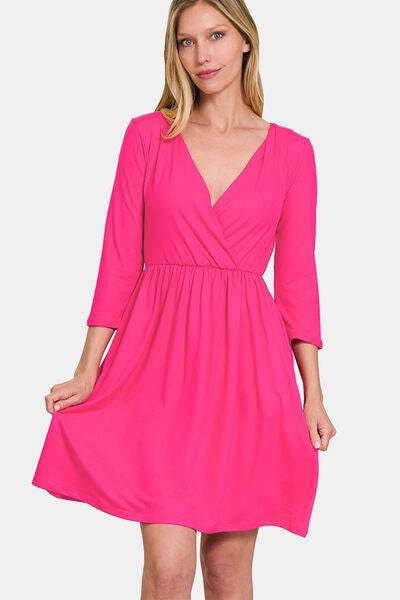 Zenana Three-Quarter Sleeve Surplice Dress with Pockets - Hovatok