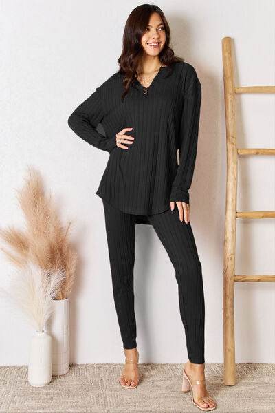 Basic Bae Full Size Notched Long Sleeve Top and Pants Set - Hovatok