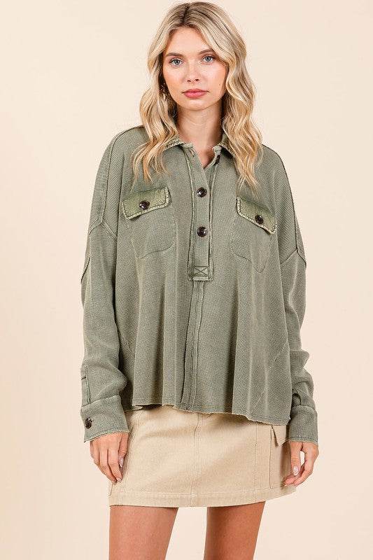 Mittoshop Mineral Wash Waffle Knit Collared Neck Henley Top - Hovatok