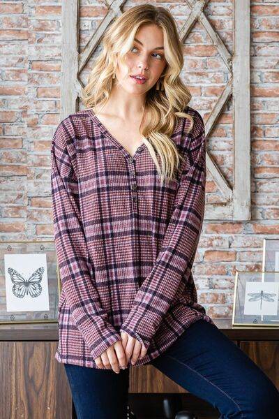 Heimish Full Size Plaid V-Neck Long Sleeve Top - Hovatok